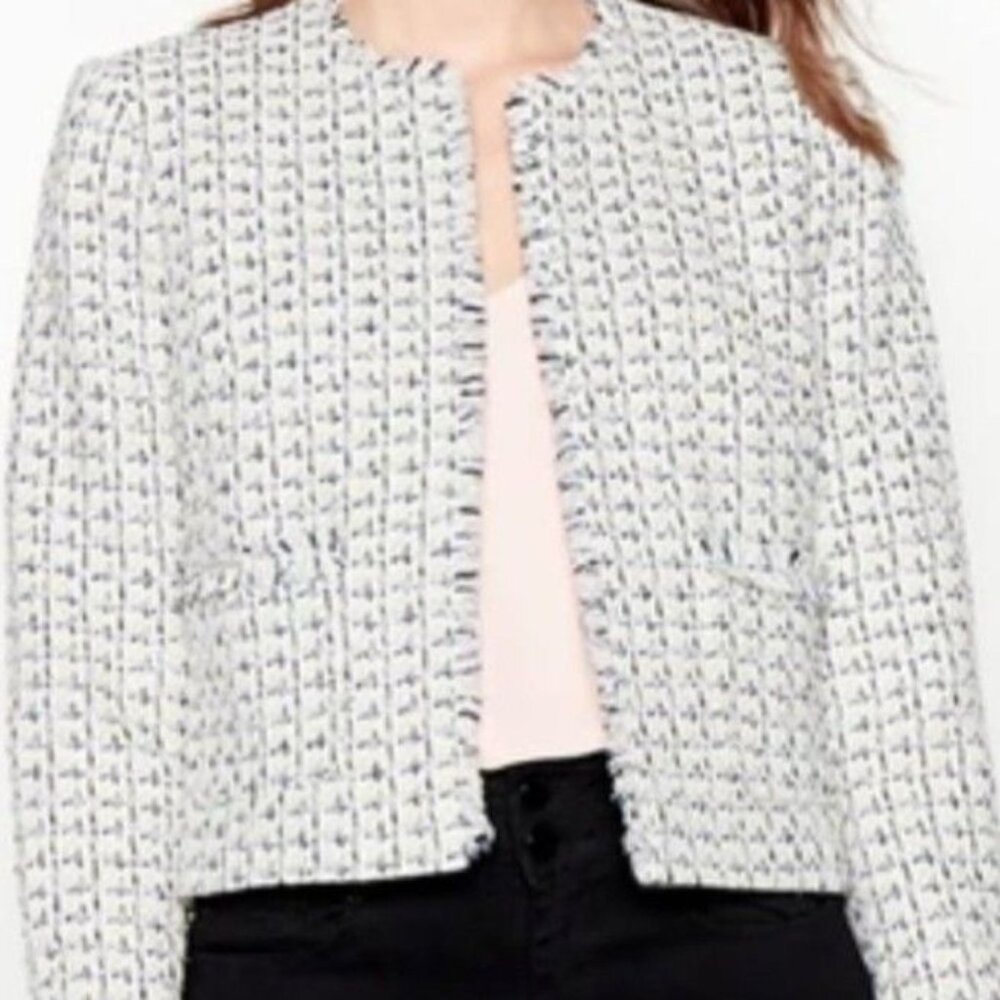 Apostrophe Black & White Tweed Open Front Cropped Jacket Blazer 6P